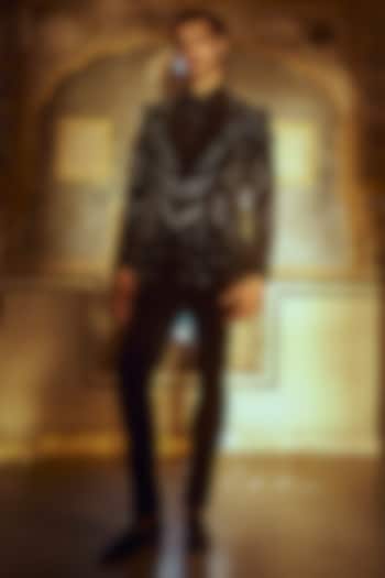 Obsidian Black Lucknowi Fabric Tuxedo Set by Jayesh and Kaajal Shah Men at Pernia's Pop Up Shop