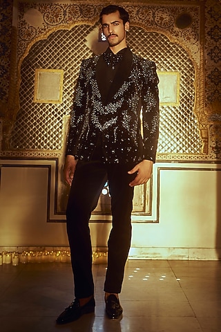 Obsidian Black Lucknowi Fabric Tuxedo Set by Jayesh and Kaajal Shah Men