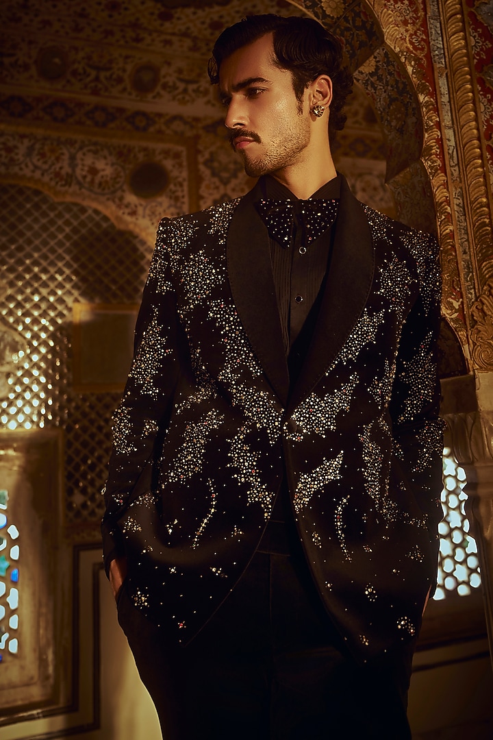 Obsidian Black Lucknowi Fabric Tuxedo Set by Jayesh and Kaajal Shah Men at Pernia's Pop Up Shop