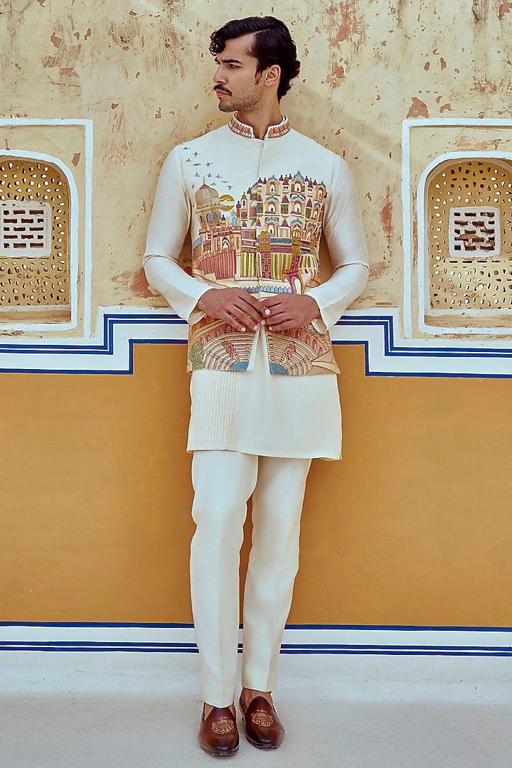 Off-White & Multi-Colored Silk Blend Hand Embroidered Bundi Jacket Set by Jayesh and Kaajal Shah Men at Pernia's Pop Up Shop