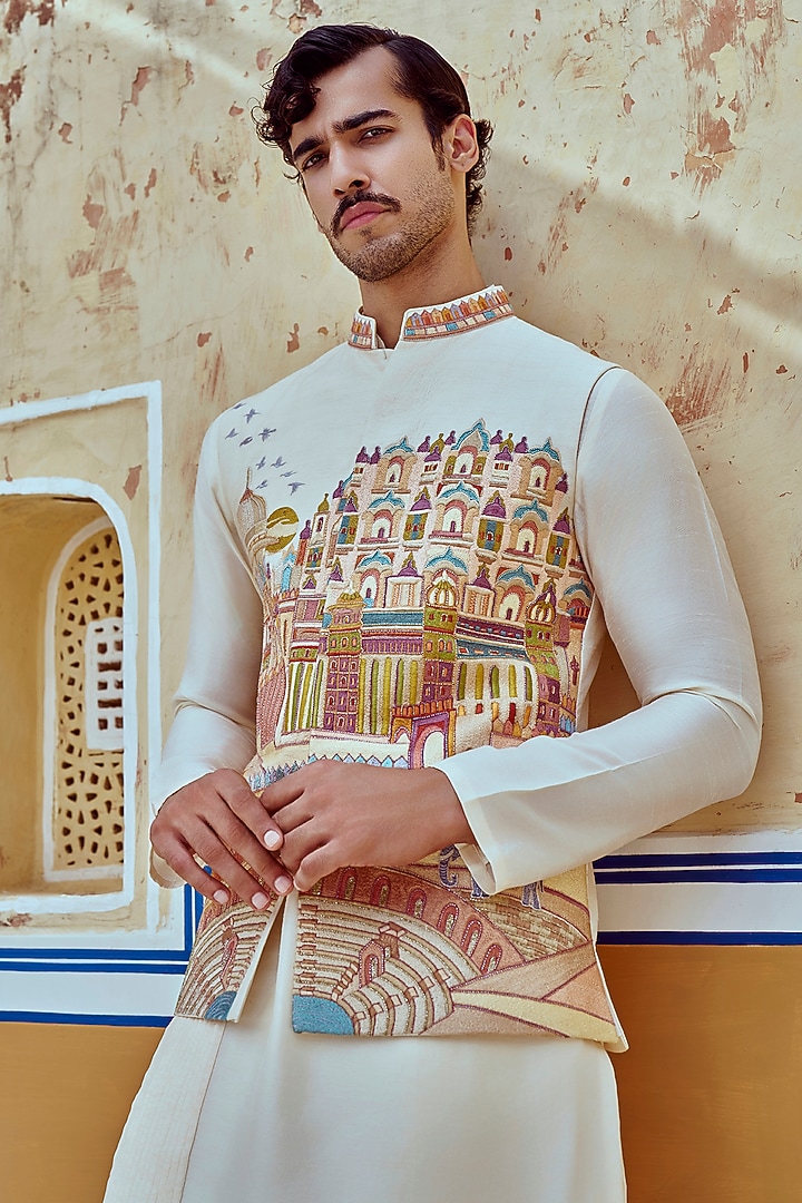 Off-White & Multi-Colored Silk Blend Hand Embroidered Bundi Jacket Set by Jayesh and Kaajal Shah Men at Pernia's Pop Up Shop
