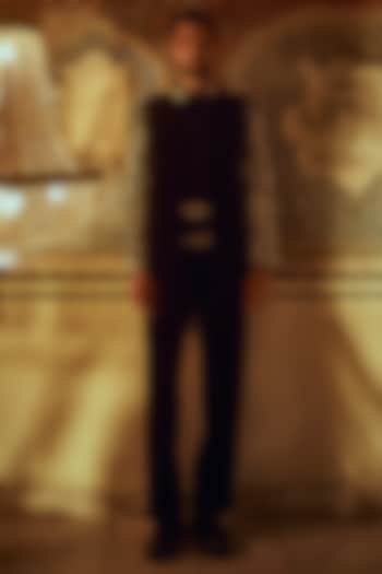 Navy Blue Velvet Floral Thread Embroidered Groom Indowestern Set by Jayesh and Kaajal Shah Men at Pernia's Pop Up Shop