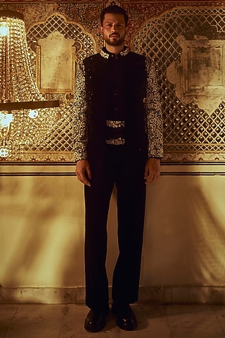 Navy Blue Velvet Floral Thread Embroidered Indowestern Set by Jayesh and Kaajal Shah Men