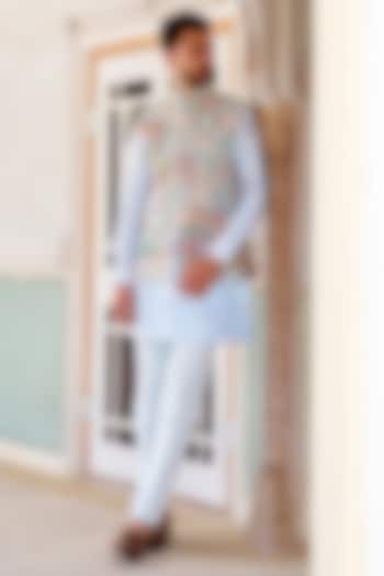 Pastel Blue Silk Blend Thread Hand Embroidered Bundi Jacket Set by Jayesh and Kaajal Shah Men at Pernia's Pop Up Shop