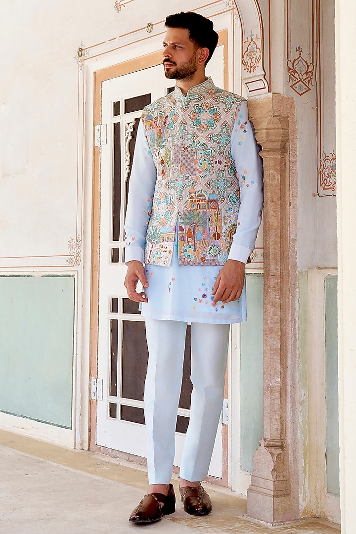 Pastel Blue Silk Blend Thread Hand Embroidered Bundi Jacket Set by Jayesh and Kaajal Shah Men at Pernia's Pop Up Shop