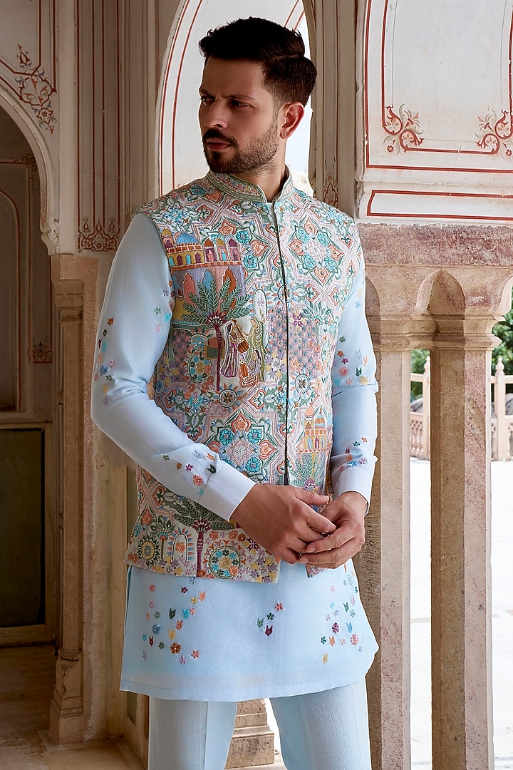 Pastel Blue Silk Blend Thread Hand Embroidered Bundi Jacket Set by Jayesh and Kaajal Shah Men at Pernia's Pop Up Shop