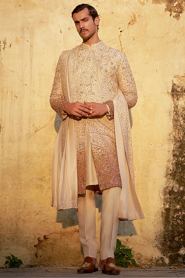 Champagne Silk Hand Embroidered Groom Sherwani Set by Jayesh and Kaajal Shah Men at Pernia's Pop Up Shop