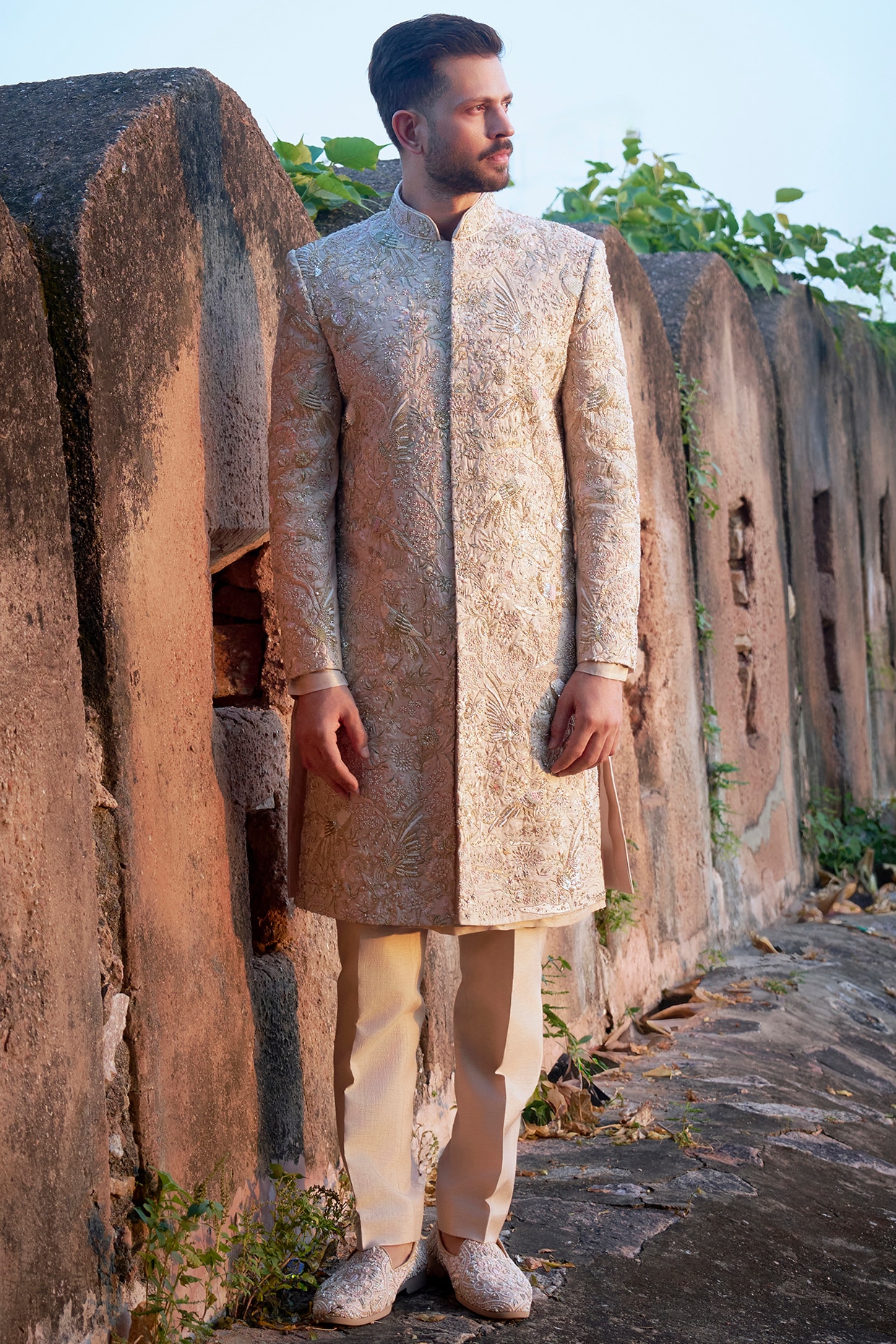 Jayesh and Kaajal Shah Pearl White Silk Hand Embroidered Sherwani Set