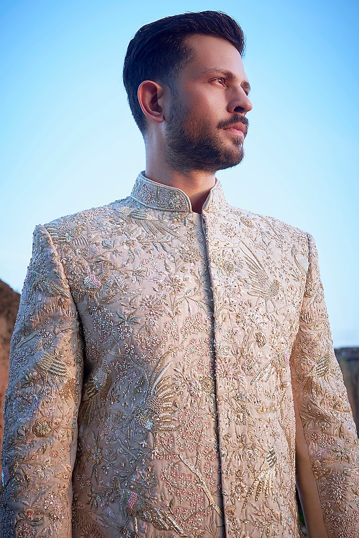 Pearl White Silk Hand Embroidered Groom Sherwani Set by Jayesh and Kaajal Shah Men at Pernia's Pop Up Shop