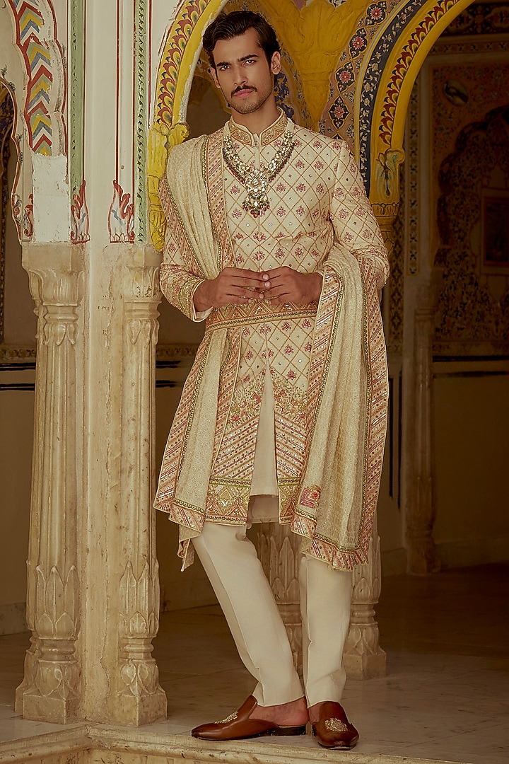 Ivory Silk Hand Embroidered Groom Sherwani Set by Jayesh and Kaajal Shah Men at Pernia's Pop Up Shop