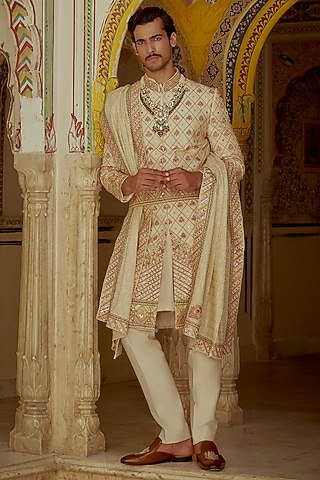 Ivory Silk Hand Embroidered Sherwani Set by Jayesh and Kaajal Shah Men