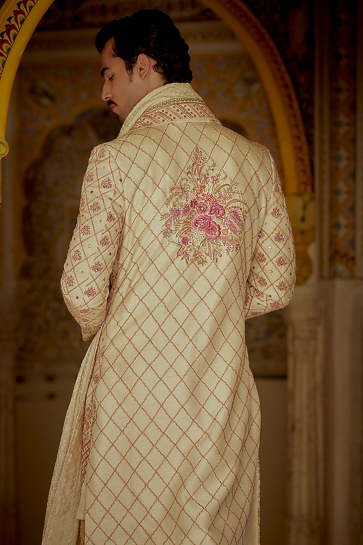 Ivory Silk Hand Embroidered Groom Sherwani Set by Jayesh and Kaajal Shah Men at Pernia's Pop Up Shop