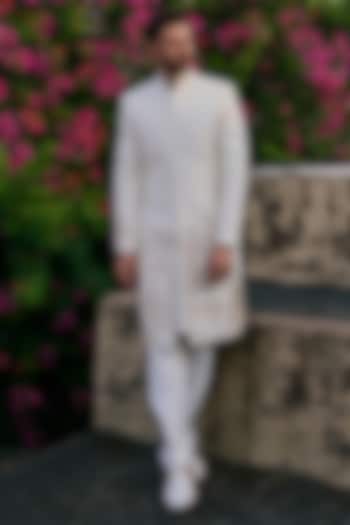 Ivory Silk Blend Hand Embroidered Groom Sherwani Set by Jayesh and Kaajal Shah Men at Pernia's Pop Up Shop