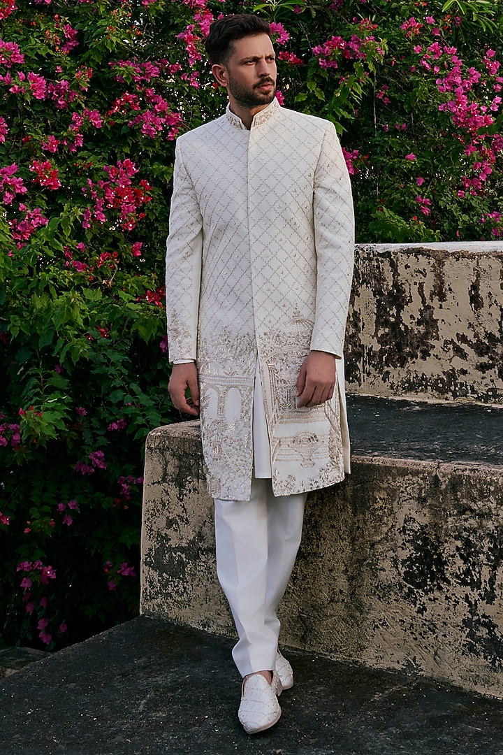 Ivory Silk Blend Hand Embroidered Groom Sherwani Set by Jayesh and Kaajal Shah Men at Pernia's Pop Up Shop