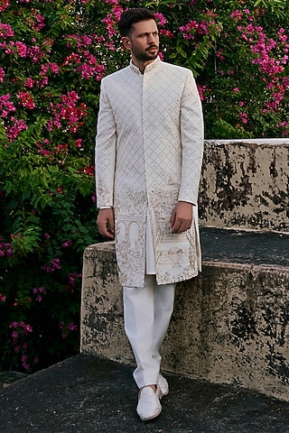 Ivory Silk Blend Hand Embroidered Sherwani Set by Jayesh and Kaajal Shah Men