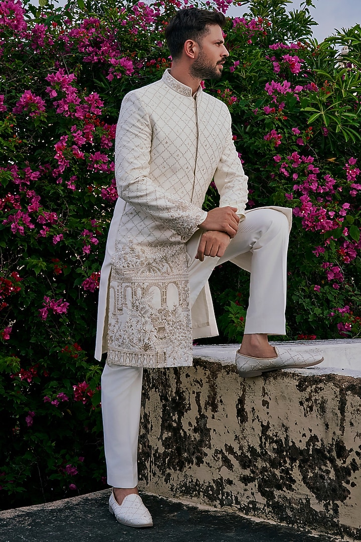 Ivory Silk Blend Hand Embroidered Groom Sherwani Set by Jayesh and Kaajal Shah Men at Pernia's Pop Up Shop