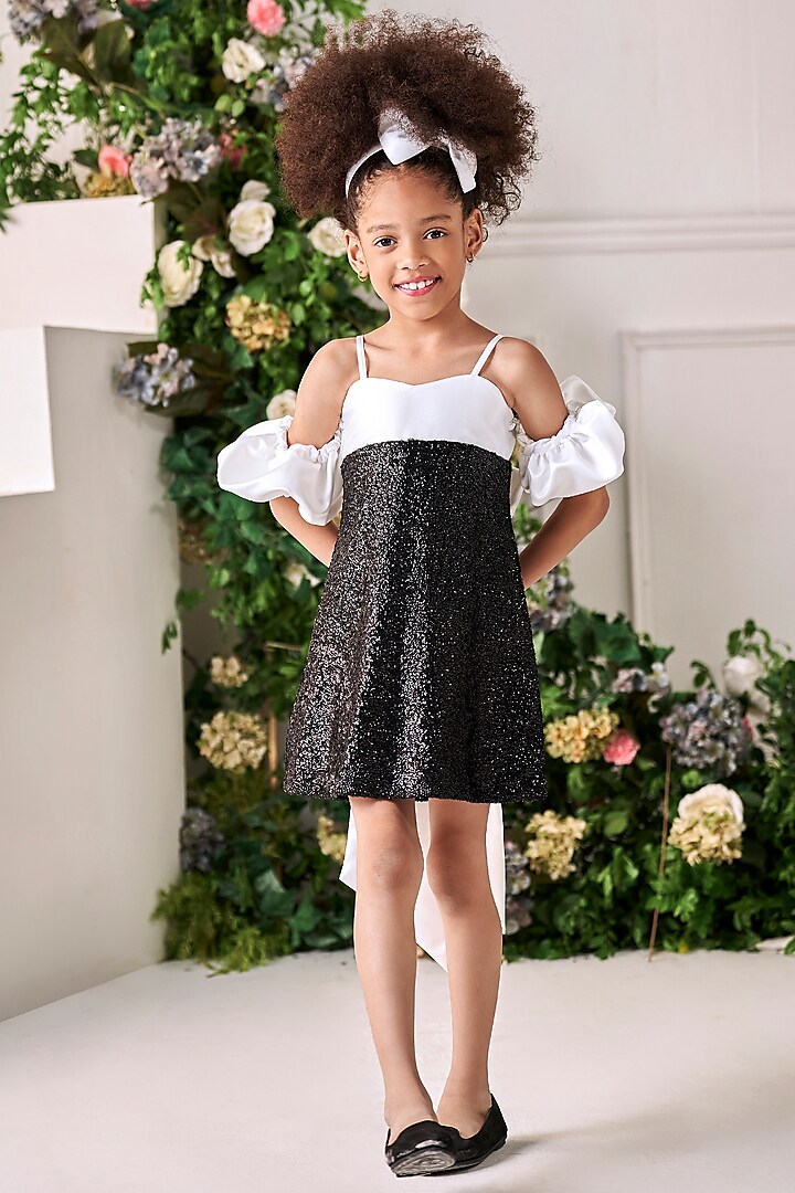 White & Black Satin Cold-Shoulder Dress For Girls by Jasmine and Alaia