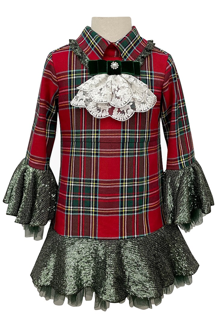 Red Flannel Ruffled Dress For Girls by Jasmine and Alaia