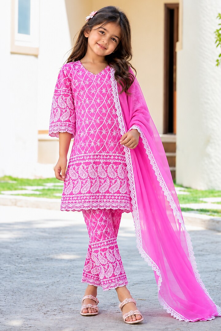 Neon Pink Cotton Chikankari Kurta Set For Girls by House Of Jamoti Kids at Pernia's Pop Up Shop