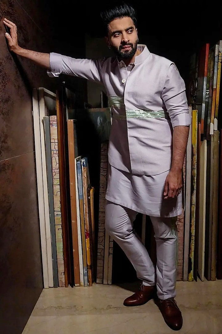 Lilac Cotton Bundi Jacket With Kurta Set by Kunal Anil Tanna