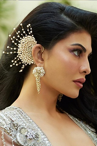 Gold Finish Pearl Stud Earrings by House of D'oro