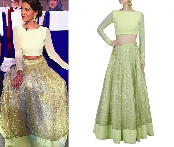 Mint green and gold leaves pattern sequins and zari embroidered lehenga set available only at Pernia's Pop Up Shop.