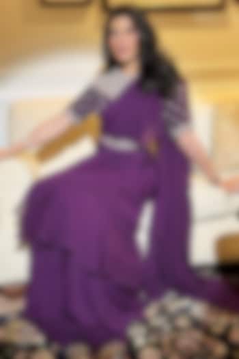 Purple Chiffon Pre-Stitched Wedding Saree Set by Sana Barreja at Pernia's Pop Up Shop