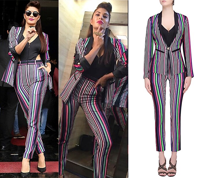 White, black, green, pink and purple striped full sleeves jacket available only at Pernia's Pop Up Shop.