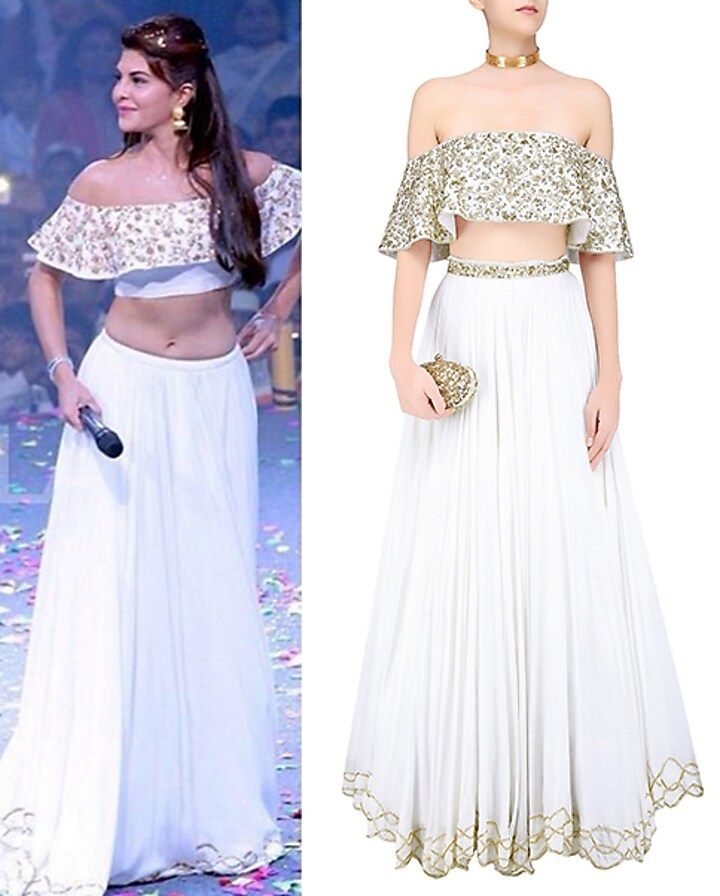 Ivory floral embroidered off shoulder blouse and lehenga skirt set available only at Pernia's Pop Up Shop.