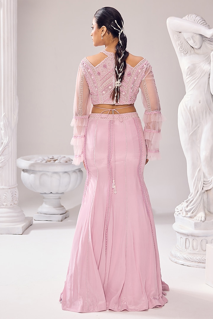 Pink Crepe Pearl & Lace Embroidered Fish-Cut Wedding Lehenga Set by Jade By Ashima at Pernia's Pop Up Shop