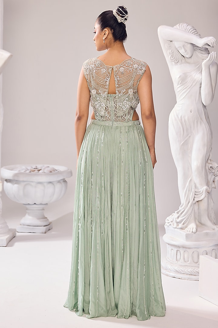 Green Net & Chinon Kalidar Jumpsuit With Jacket by Jade By Ashima at Pernia's Pop Up Shop