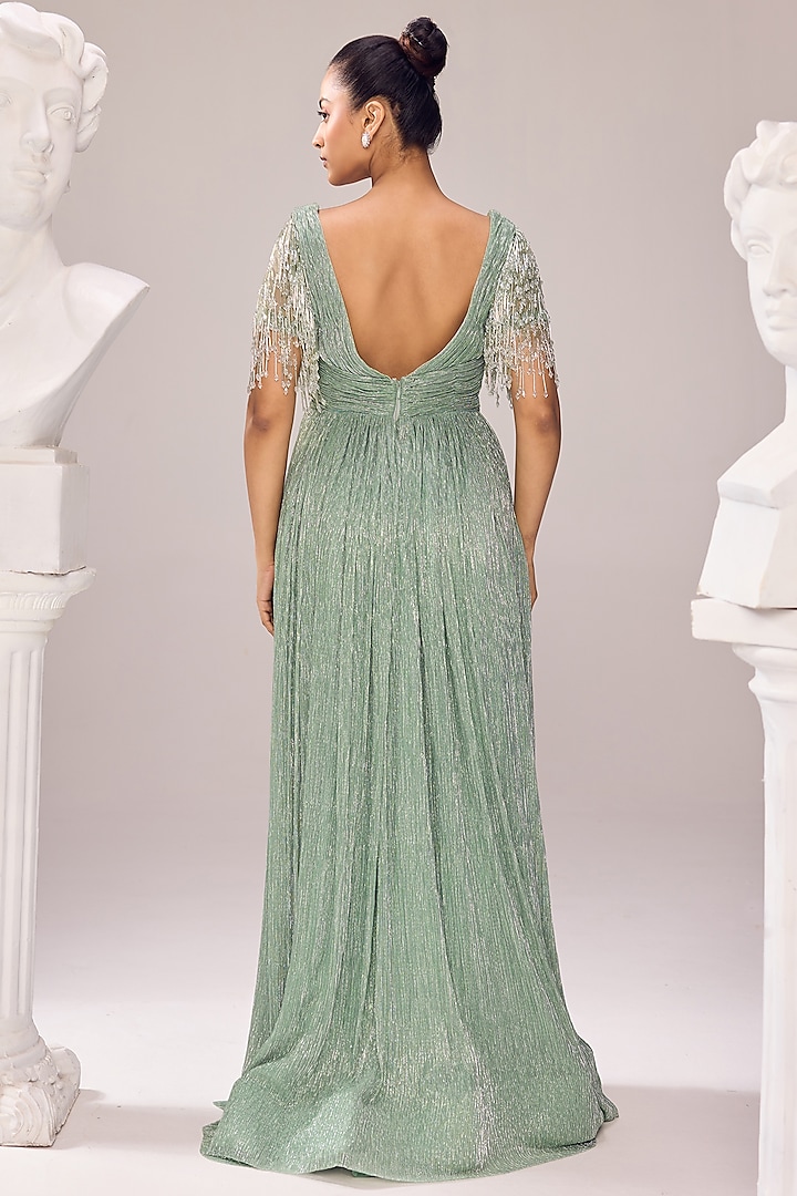 Green Italian Fabric Tassel Embroidered Engagement Gown by Jade By Ashima at Pernia's Pop Up Shop