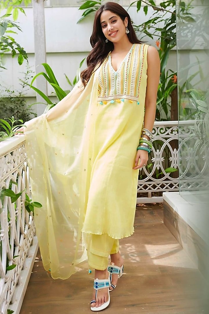 Lemon Yellow Cotton Gauze Embroidered Kurta Set by Sureena Chowdhri