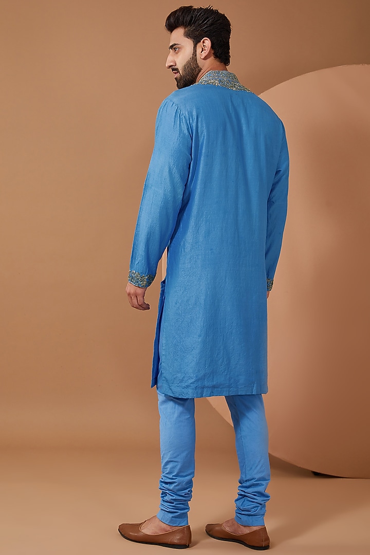 Blue Silk Zardosi Embroidered Kurta Set by JAYANTI REDDY MEN at Pernia's Pop Up Shop