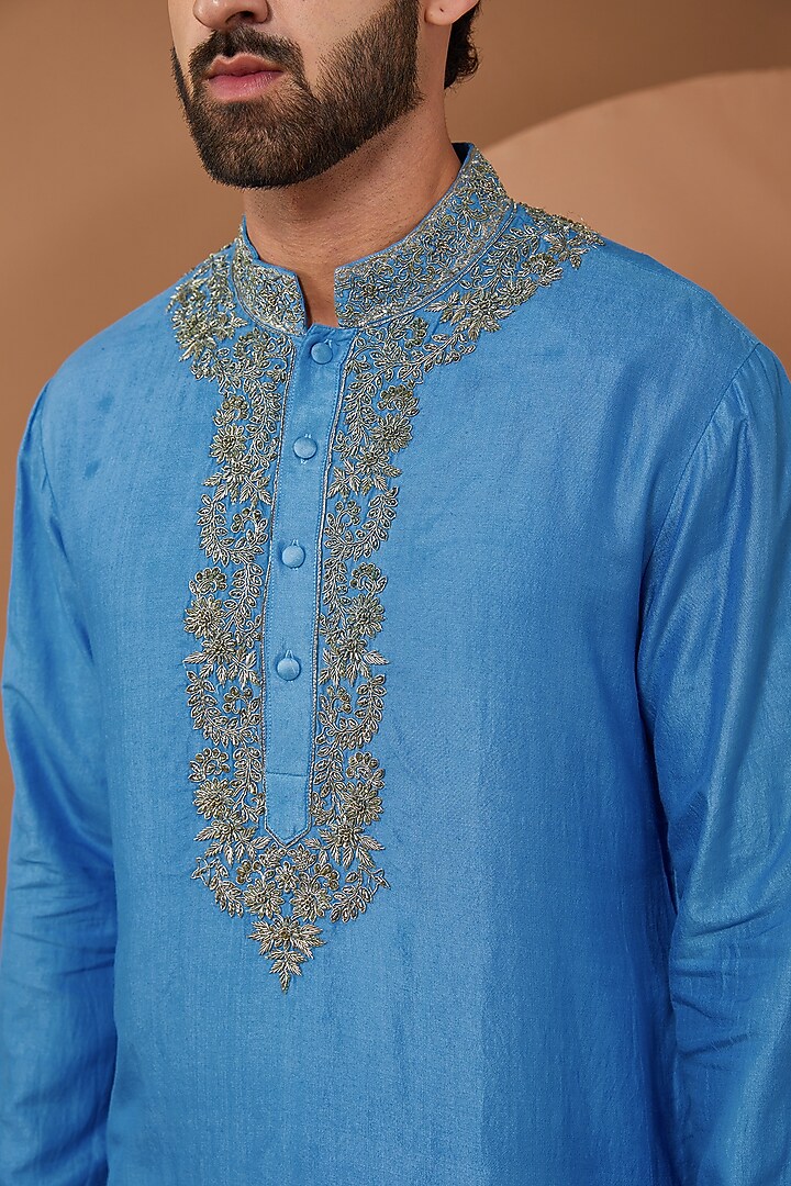 Blue Silk Zardosi Embroidered Kurta Set by JAYANTI REDDY MEN at Pernia's Pop Up Shop
