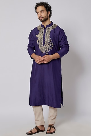 Purple Silk Embroidered Kurta Set by JAYANTI REDDY MEN
