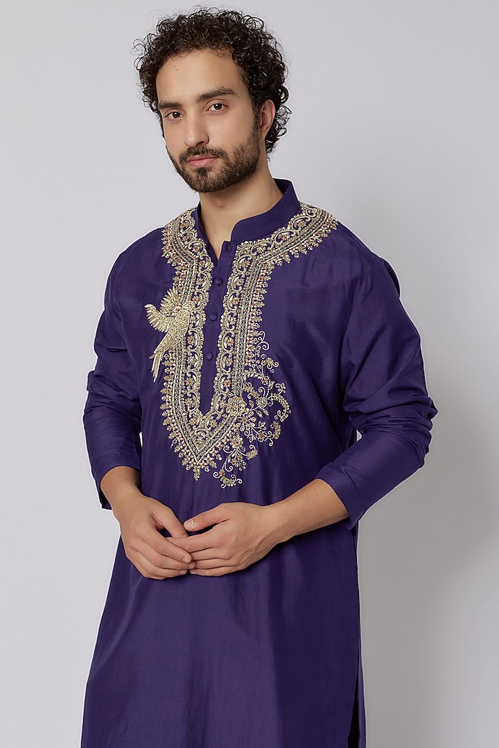 Purple Silk Embroidered Kurta Set by JAYANTI REDDY MEN at Pernia's Pop Up Shop