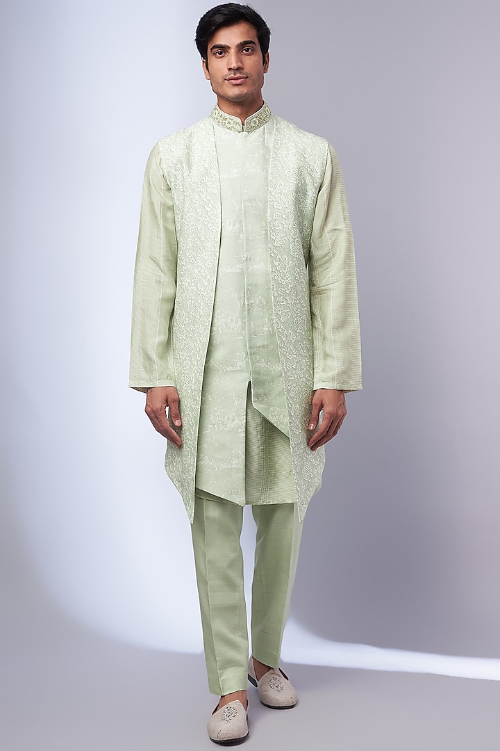 Green Silk Blend Hand Embroidered & Printed Indowestern Set by Jayesh and Kaajal Shah