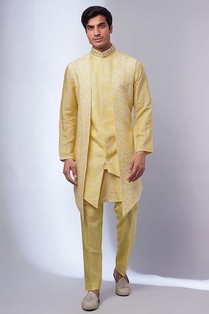 Yellow Silk Blend Printed & Embroidered Indowestern Set by Jayesh and Kaajal Shah