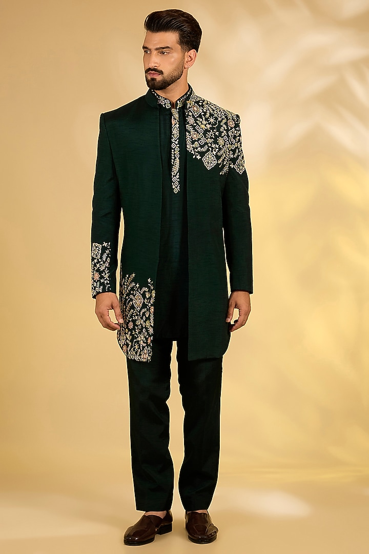 Emerald Silk Wedding Indowestern Set by Jayesh and Kaajal Shah Men at Pernia's Pop Up Shop