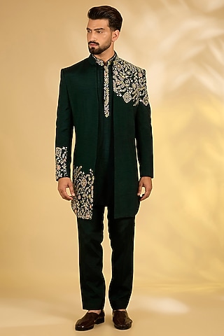 Emerald Silk Indowestern Set by Jayesh and Kaajal Shah Men