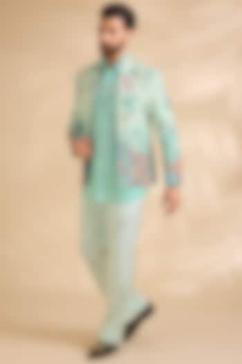 Aqua Blue Cotton Silk Groom Indowestern Jacket Set by Jayesh and Kaajal Shah Men at Pernia's Pop Up Shop