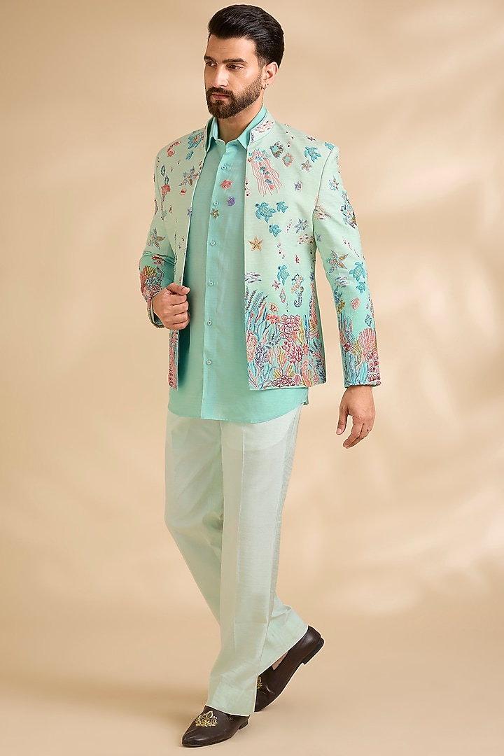 Aqua Blue Cotton Silk Groom Indowestern Jacket Set by Jayesh and Kaajal Shah Men at Pernia's Pop Up Shop