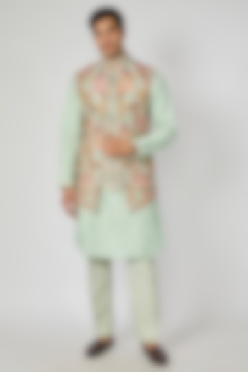 Mint Embroidered Kurta Set With Bundi Jacket by Jayesh and Kaajal Shah at Pernia's Pop Up Shop