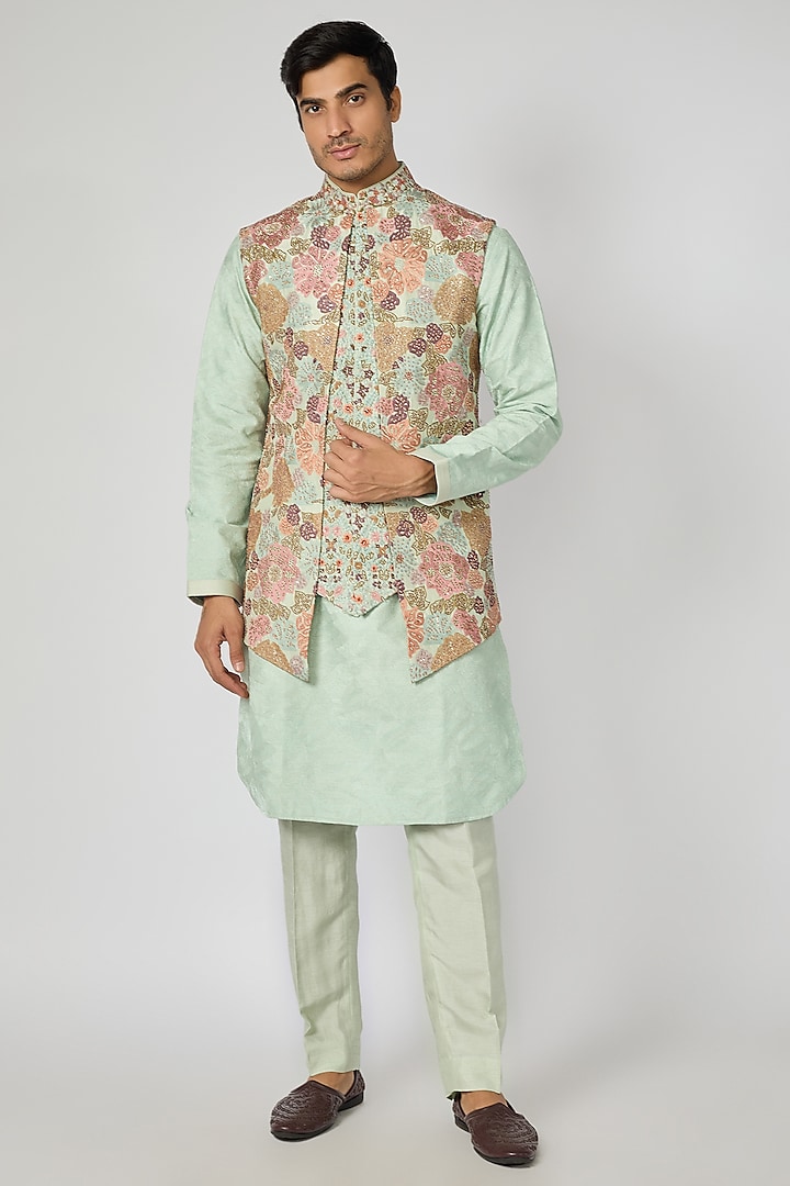 Mint Embroidered Kurta Set With Bundi Jacket by Jayesh and Kaajal Shah