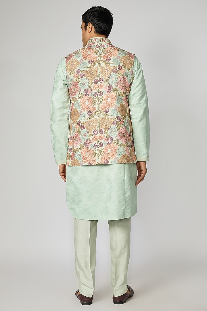 Mint Raw Silk Hand Embroidered Bundi Jacket Set by Jayesh and Kaajal Shah Men at Pernia's Pop Up Shop