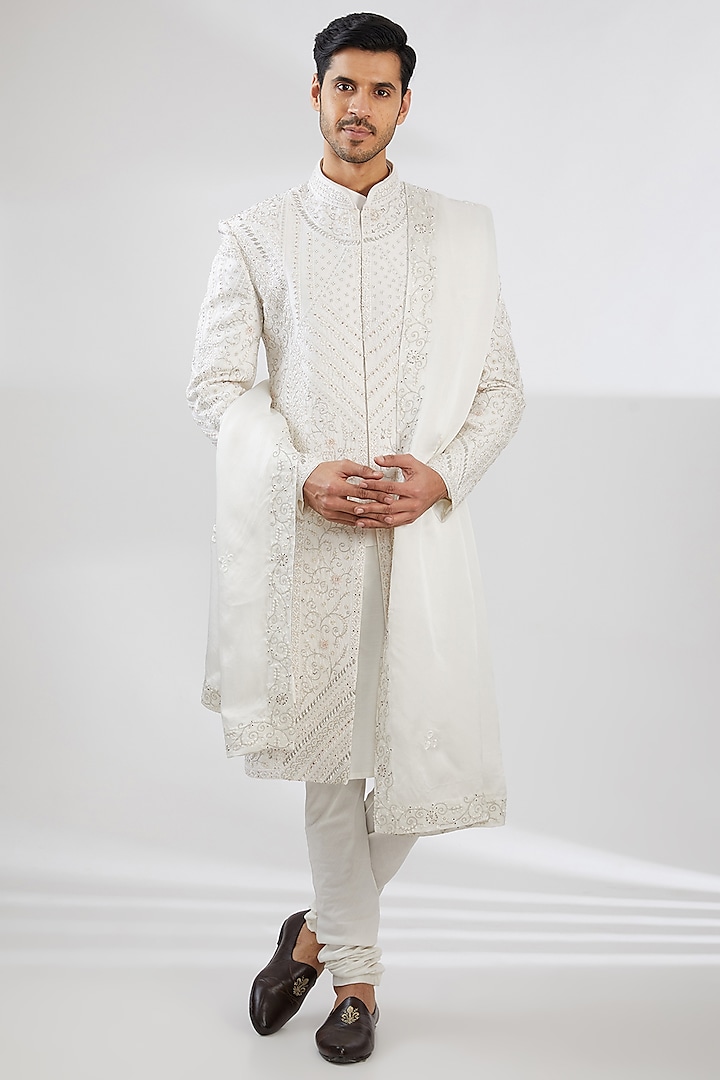 Ivory Pure Silk Hand Embroidered Groom Sherwani Set by Jayesh and Kaajal Shah at Pernia's Pop Up Shop