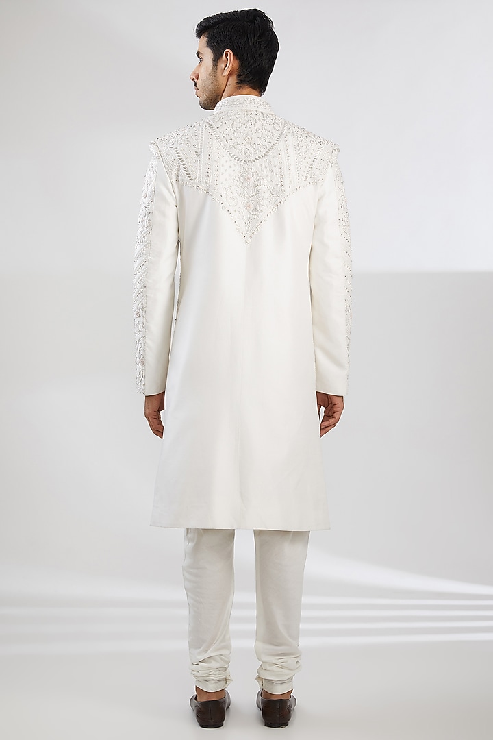 Ivory Pure Silk Hand Embroidered Groom Sherwani Set by Jayesh and Kaajal Shah Men at Pernia's Pop Up Shop