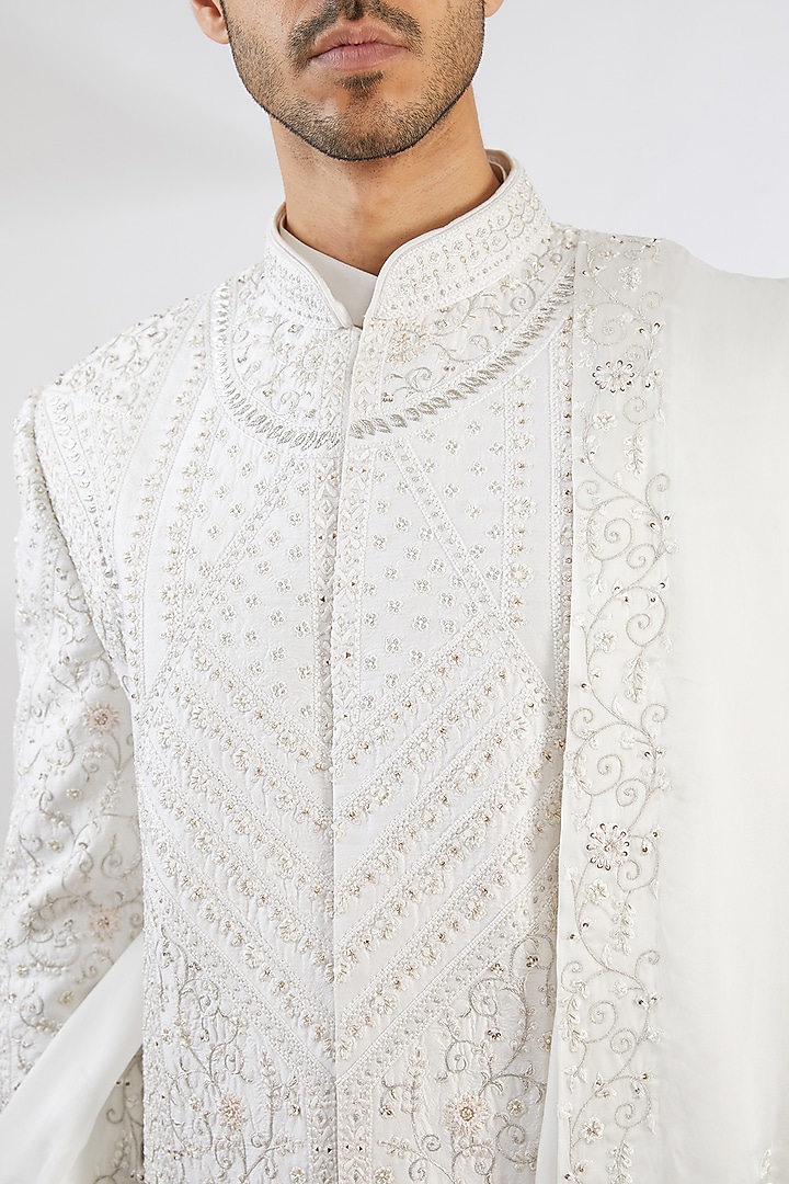 Ivory Pure Silk Hand Embroidered Groom Sherwani Set by Jayesh and Kaajal Shah Men at Pernia's Pop Up Shop