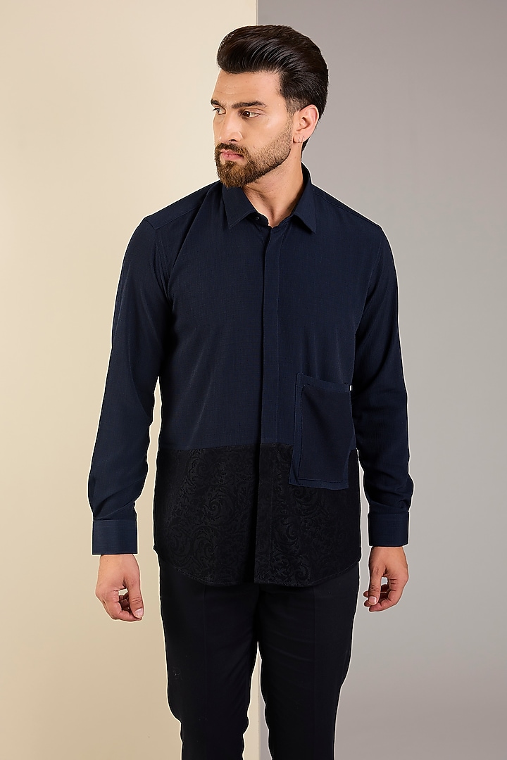 Navy Blue Knitted Fabric Party Wear Shirt by Jayesh and Kaajal Shah Men at Pernia's Pop Up Shop